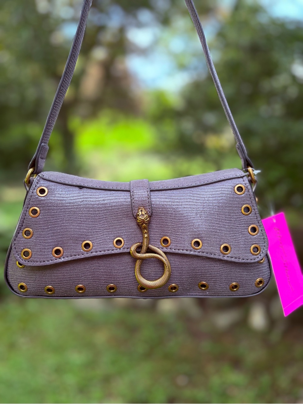 NWT Rare! Betsey Johnson Gold Snake Studded Grey Mauve Textured Shoulder Bag